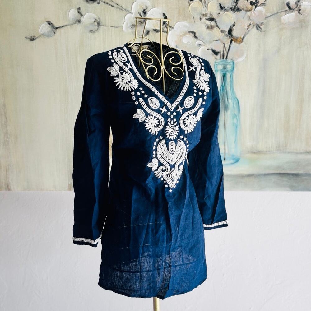 Charter Club Luxury Navy Linen Beaded Tunic Top Size S Boho Embellished